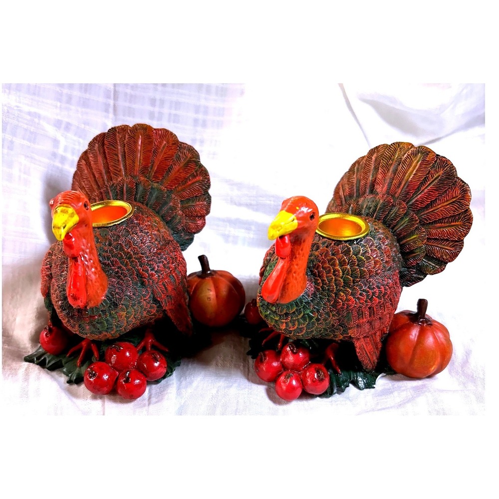 Thanksgiving Turkey Tea Light Candle Holders Set of 2 Harvest Fall Decor Resin